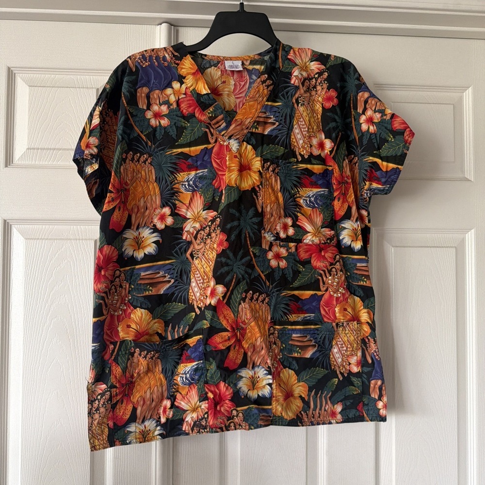 SCRUBS Medical Scrub Top Large Hawaiian Tropical Floral Pockets Nurse Vet Dental